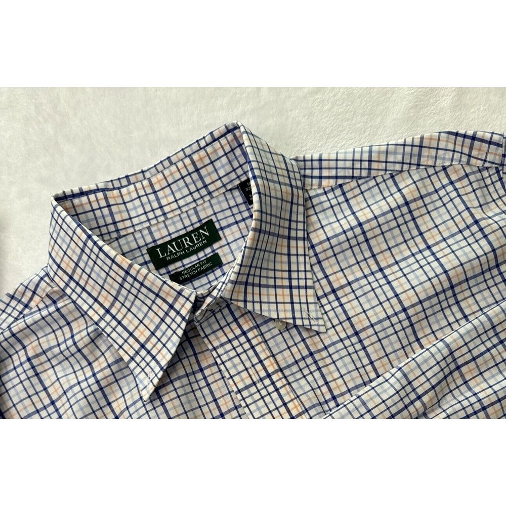 Lauren Ralph Lauren STRETCH‎ Shirt LARGE Blue Plaid Button Down Mens EXCELLENT